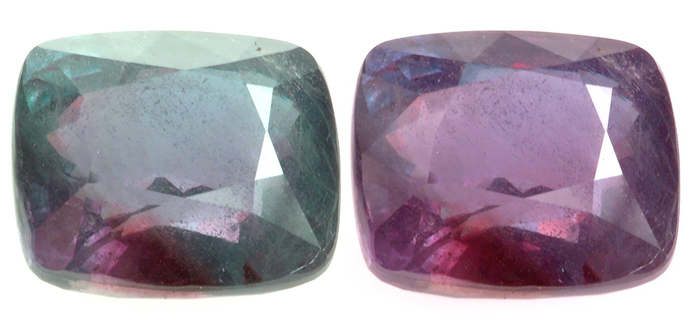Alexandrite cat eye gemstone showing color-change effect and silver chatoyant line across the cabochon surface