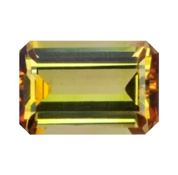 Oval cut andalusite gemstone showing trichroic green yellow red color shift on neutral background