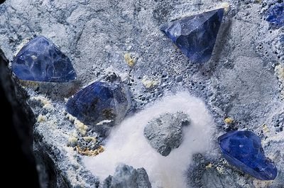 Faceted benitoite gemstone in vivid sapphire-blue showing strong dispersion on neutral background