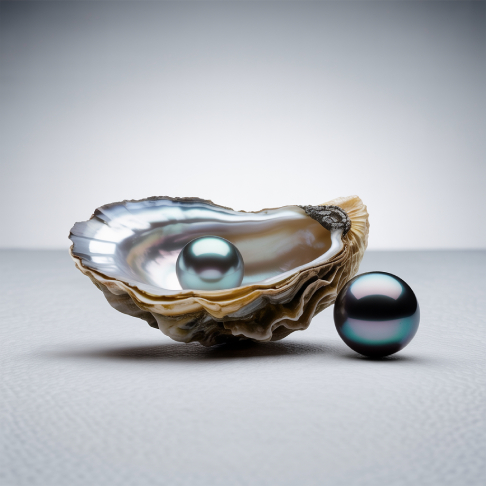 Natural black pearl showing peacock color overtones on neutral background