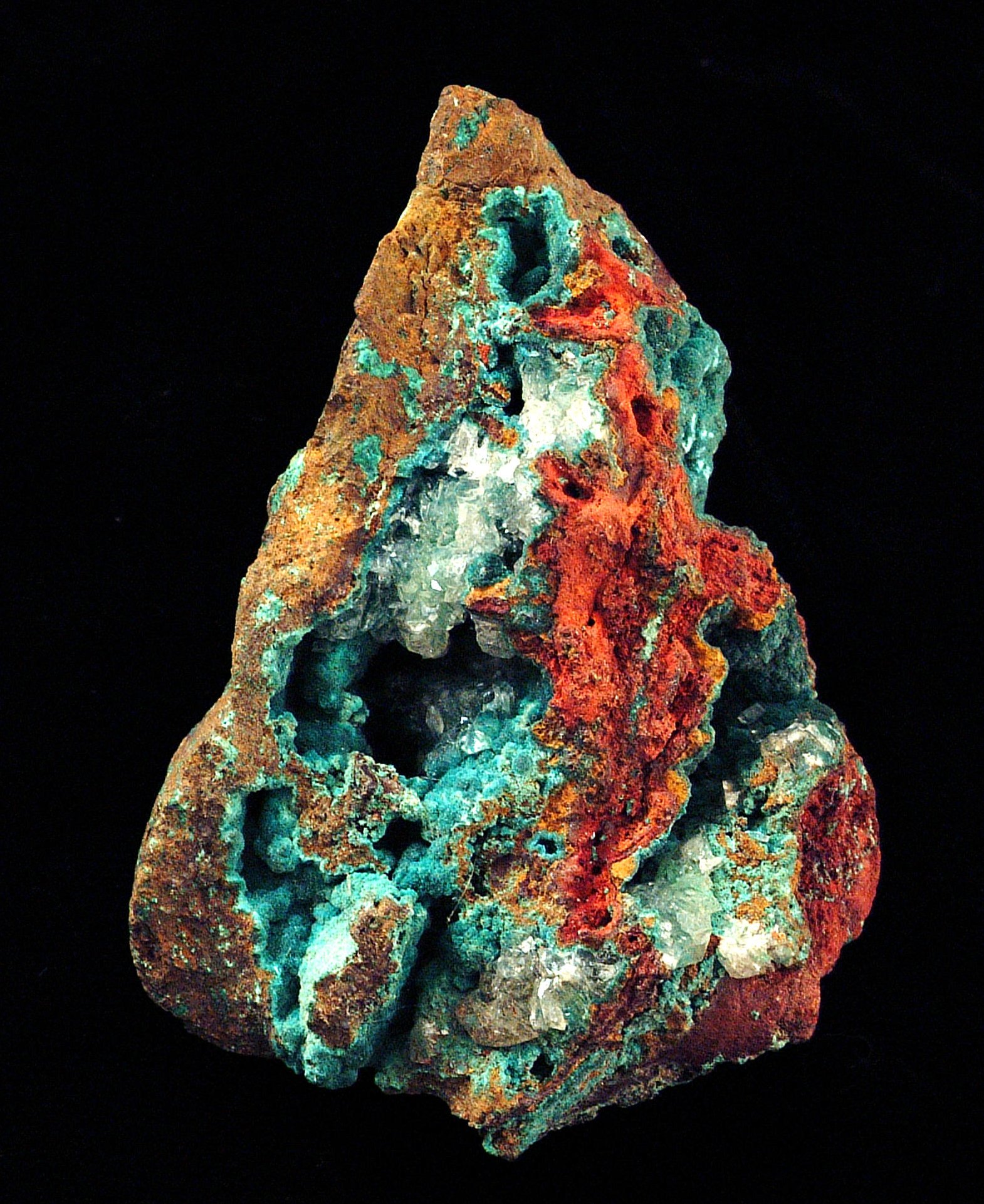 Chrysocolla-malachite specimen showing teal blue and emerald green banding on white background