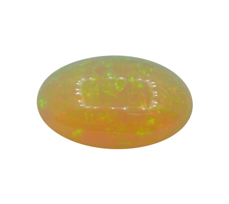 Ethiopian opal faceted oval gemstone showing rainbow play of color fire on neutral background