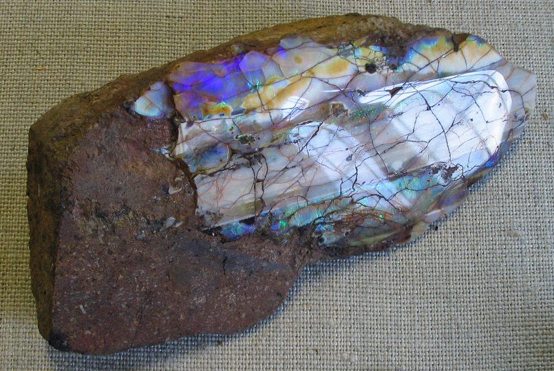 Lab Created Opal cabochon showing brilliant play-of-color with red green blue flashes against dark background