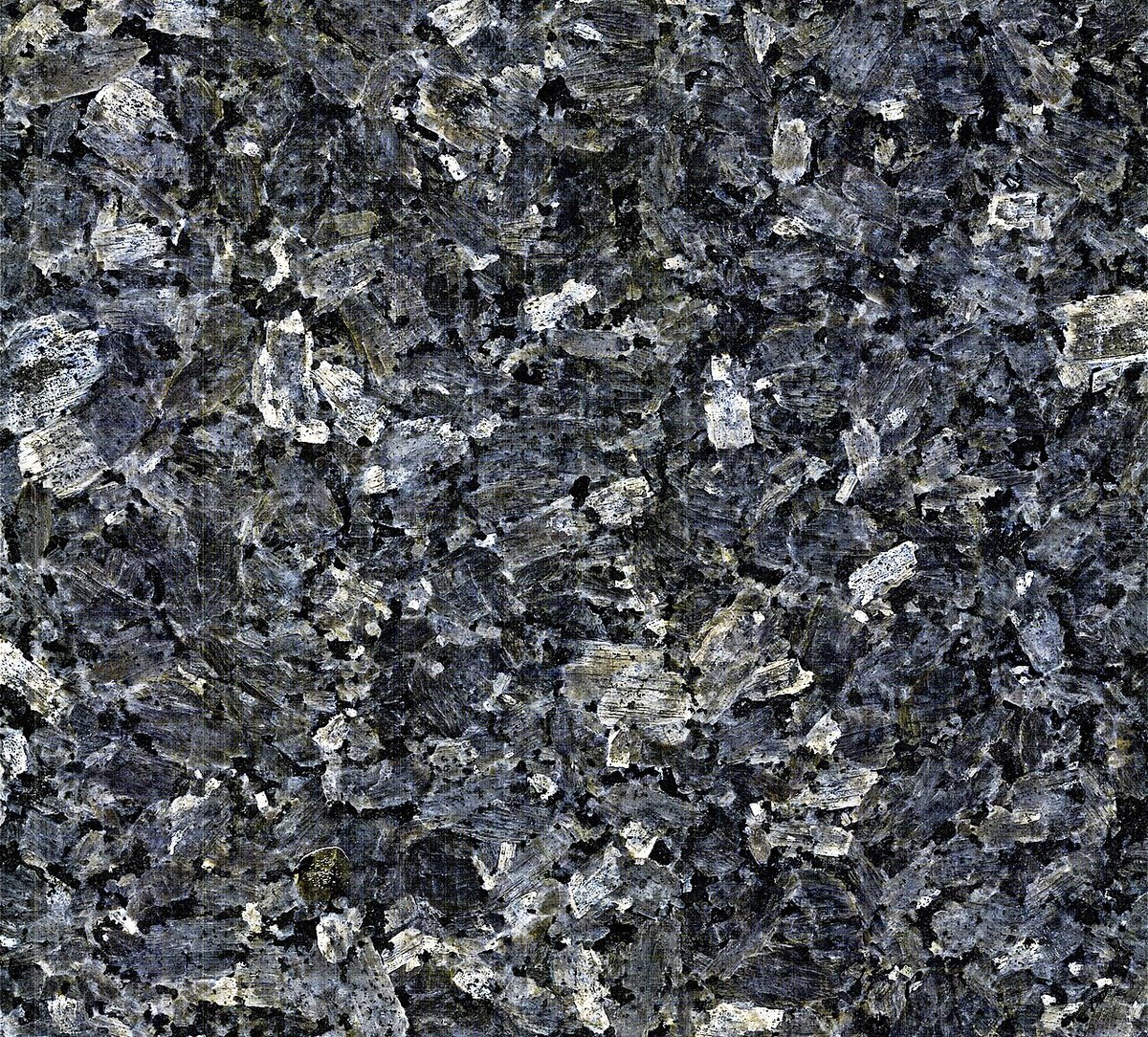 Larvikite polished cabochon showing dark gray body with silver feldspar schiller flash on neutral background