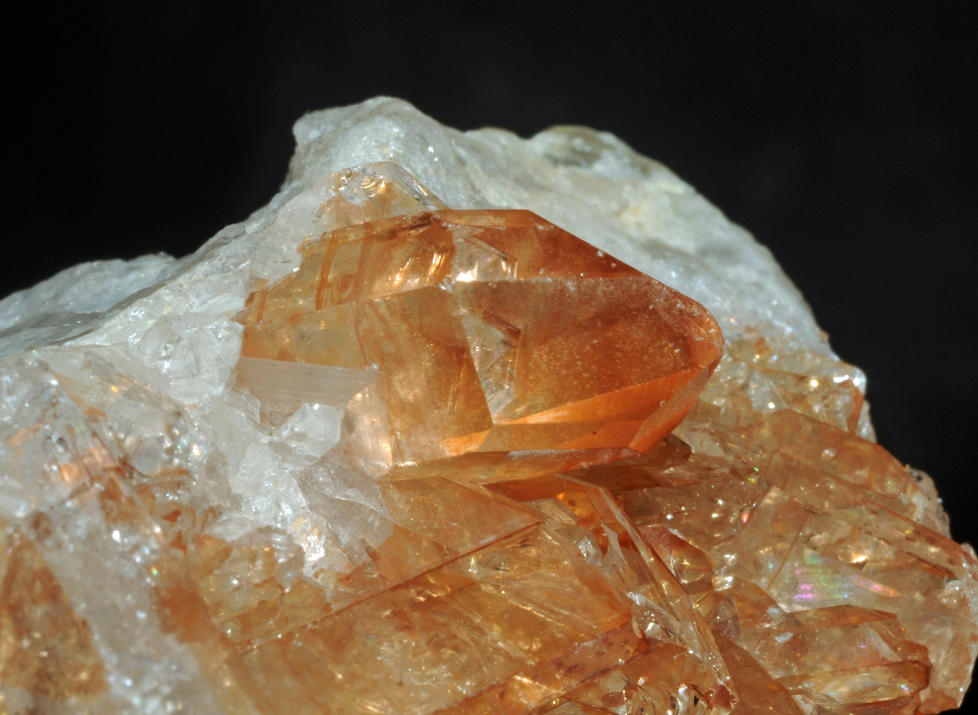 Tangerine quartz crystal point with warm orange iron oxide coating on neutral background