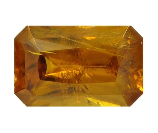 Faceted yellow-green titanite on neutral background