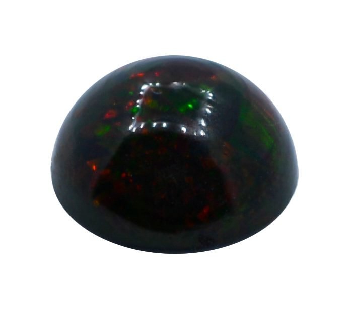 White opal cabochon showing vibrant play-of-color on neutral background