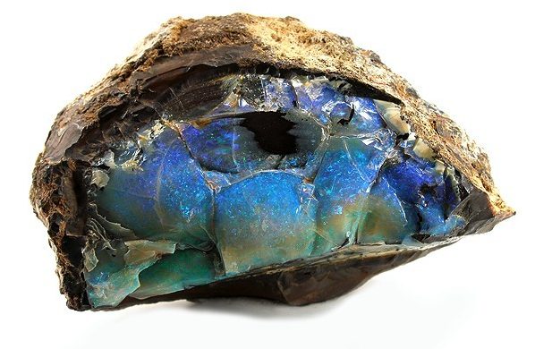 Yowah opal specimen showing ironstone matrix split to reveal vivid play-of-color opal core within
